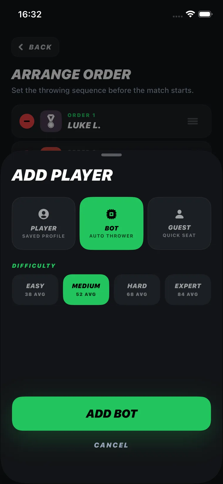 Practice against bots screen